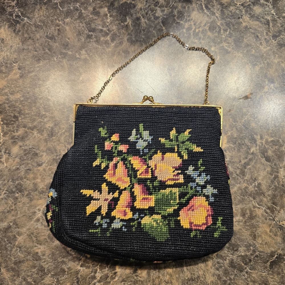 Vintage Jolles Original  Needlepoint Tapestry Handbag Purse Floral Design‎